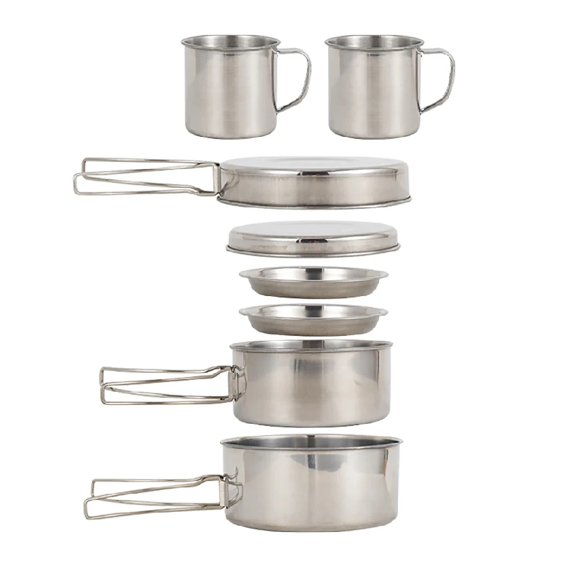 Camping Cooking Pots And Pans Set - 8個/セット キャンプ調理器具セット ステンレス製調理鍋とフライパンセット プレートとカップ付き アウトドアハイキングバックパッキング用