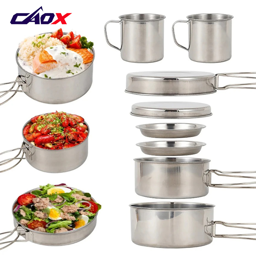 Camping Cooking Hot Plate - CAOX 8個セット キャンプ用調理器具セット ステンレス製鍋とフライパンセット プレートとカップ付き アウトドアハイキングバックパッキング用