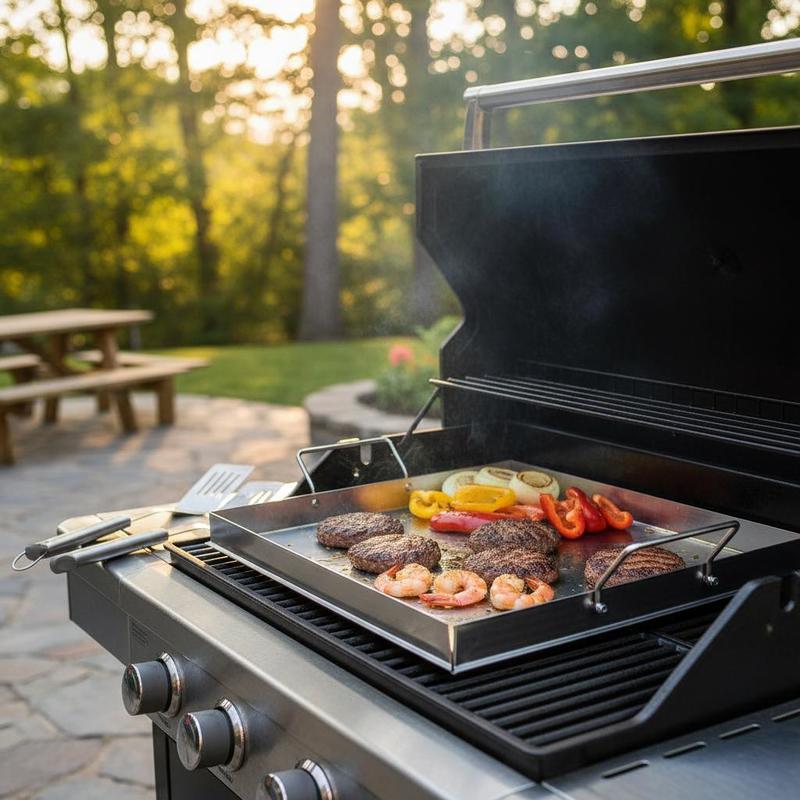 Camping Cooking Griddle - ユニバーサルフラットトップグリドル 18x16インチ キャンプ、テールゲーティングパーティー用、長方形ホットプレート ファミリー調理器具 内蔵ハンドル ガスグリルアタッチメント