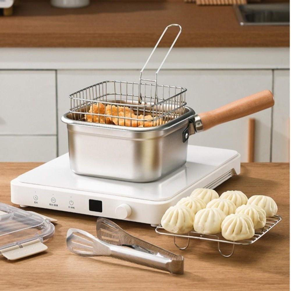 Camping Cooking Pots And Pans Set - ポータブルステンレス鋼フライパン正方形ノンスティック調理鍋バスケット付きキャンプ調理器具セットパスタ