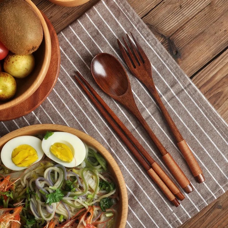 Camping Cooking Dining Set - 木製ダイニングセット スプーン 箸 フォーク 3点セット 天然木食器