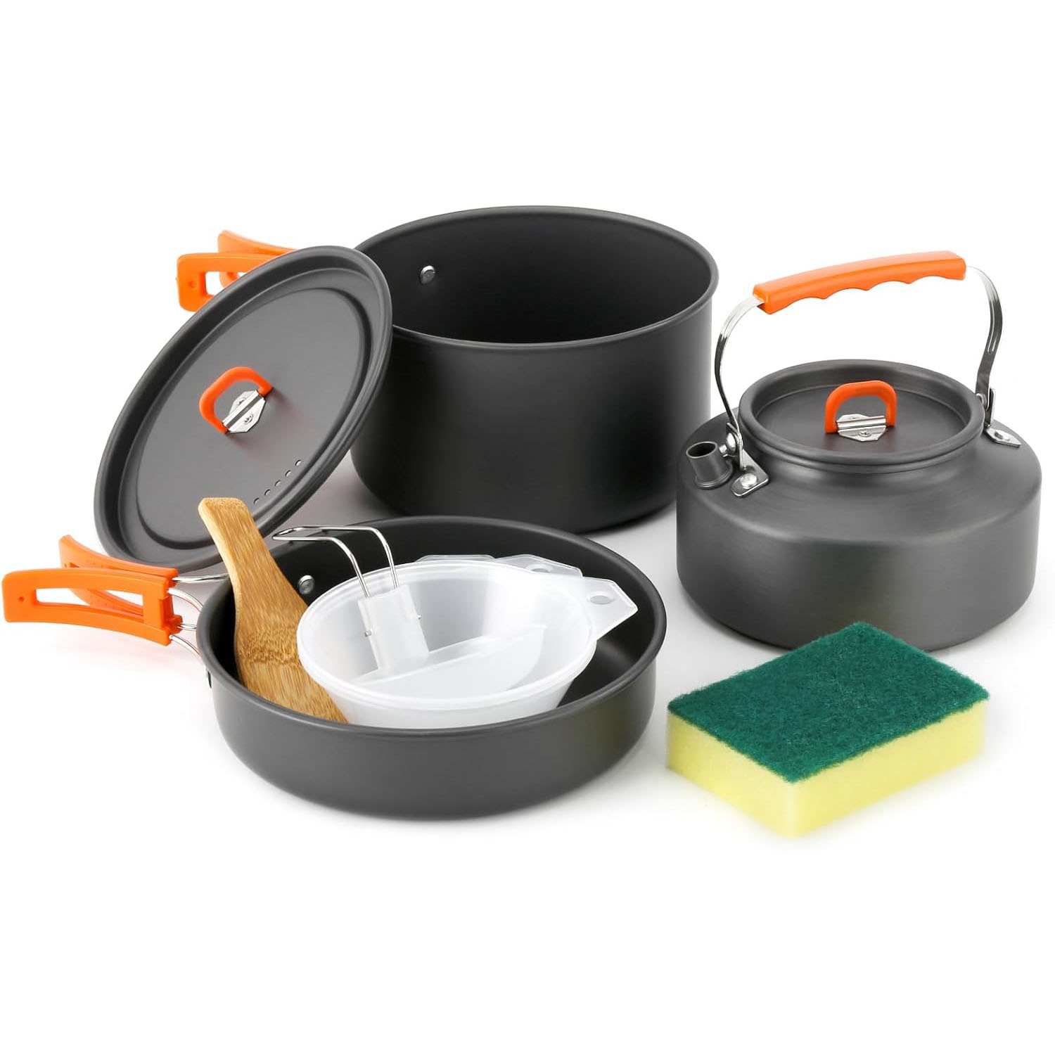 Camping Cooking Pots And Pans Set - キャンプ用調理器具 キャンプ用ポットとフライパンセット ケトル付き プラスチックボウルとスープスプーン キャンプ、バックパッキング、アウトドアクッキング、P用