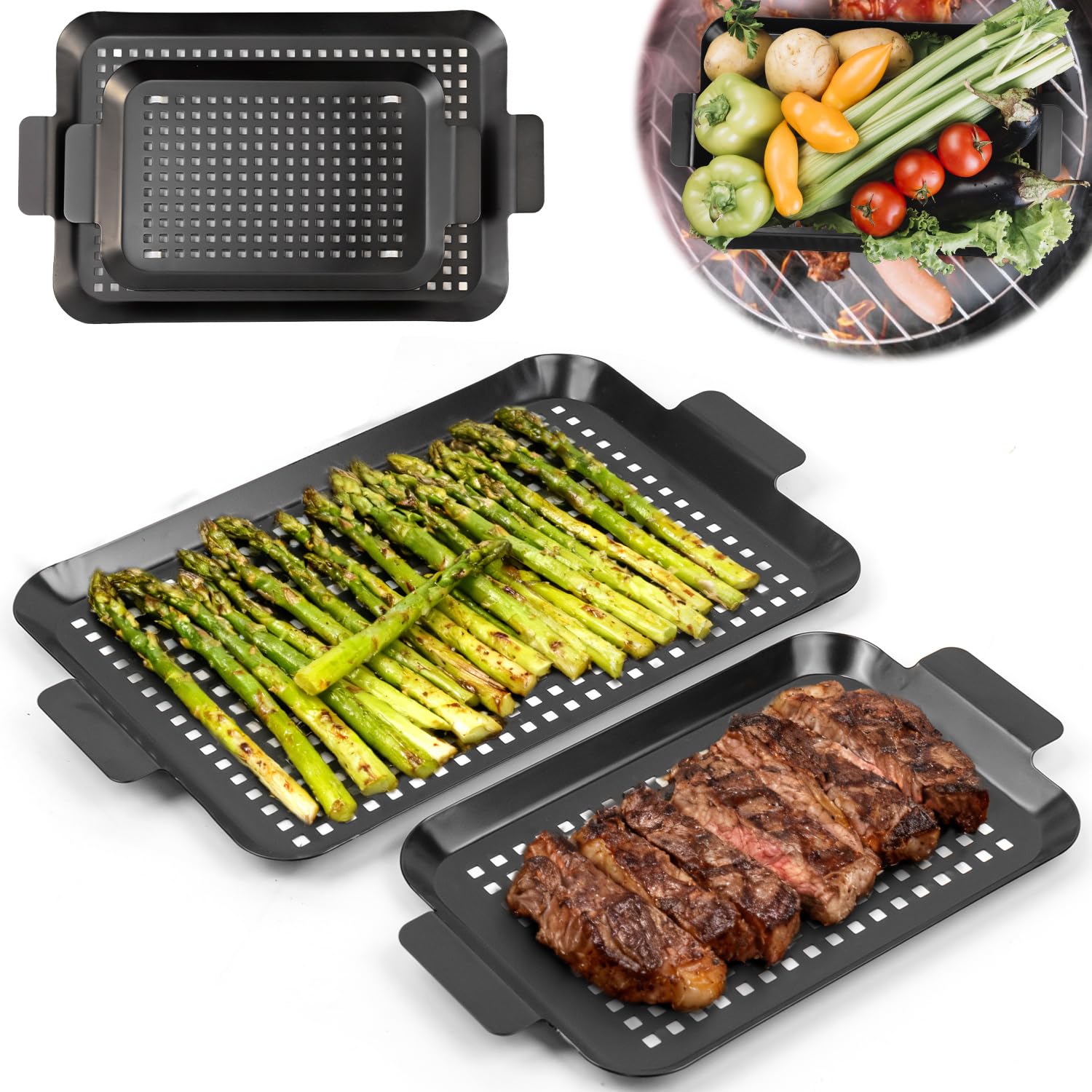 Camping Cooking Griddle - グリルパン2個、屋外グリル用グリルトッパー、ノンスティックエナメルコーティンググリルトッパー、キャンプ、ピクニック、パーティーに最適