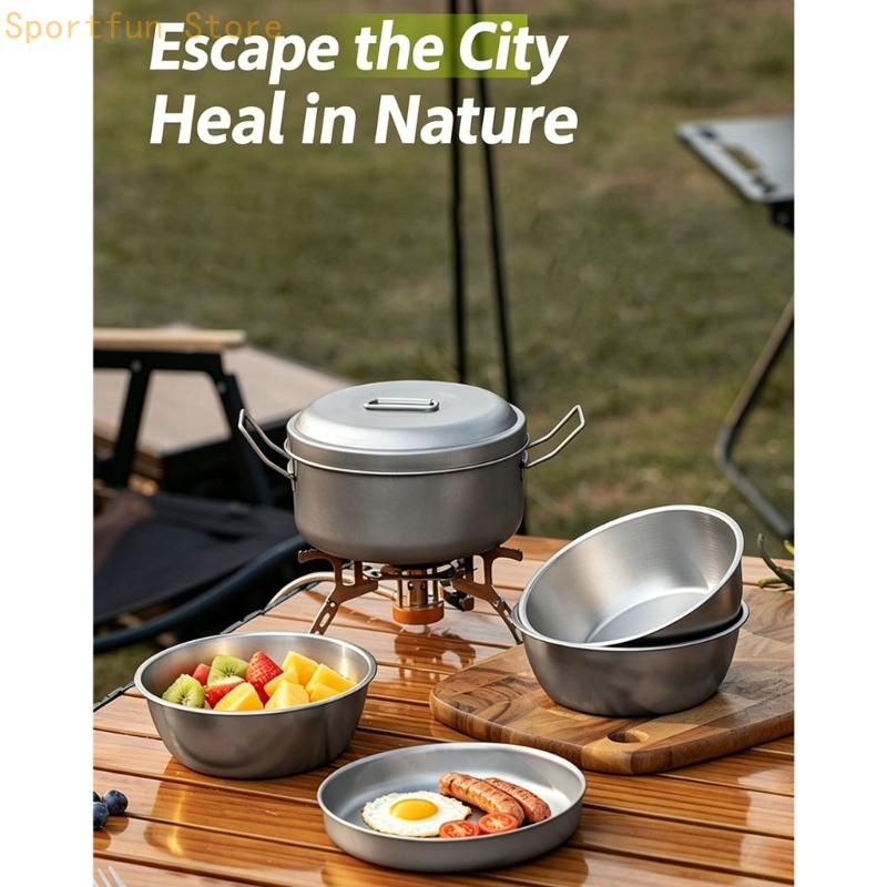 Camping Cooking Dining Set - 鍋蓋とトレイ付きキャンプ食事調理器具グループ、金属構造、屋外調理用ワイヤーベイルストレージデザイン、キャンプ使用、X7JD
