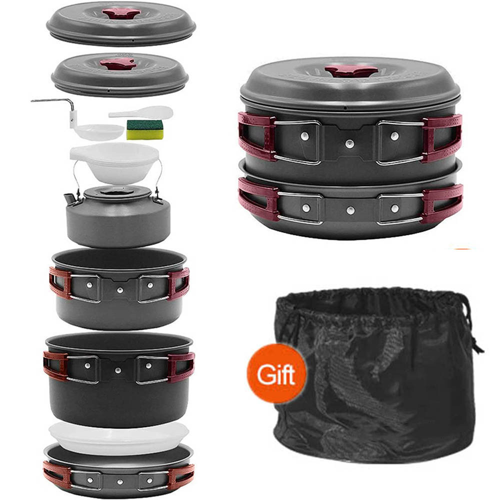 Camping Cooking Pots And Pans Set - 3〜4人用のポータブル屋外調理セット、フライパン、キャンプ鍋、ハードアルミナクッキング、お茶、水、バーベキュー、肉、キャンプ