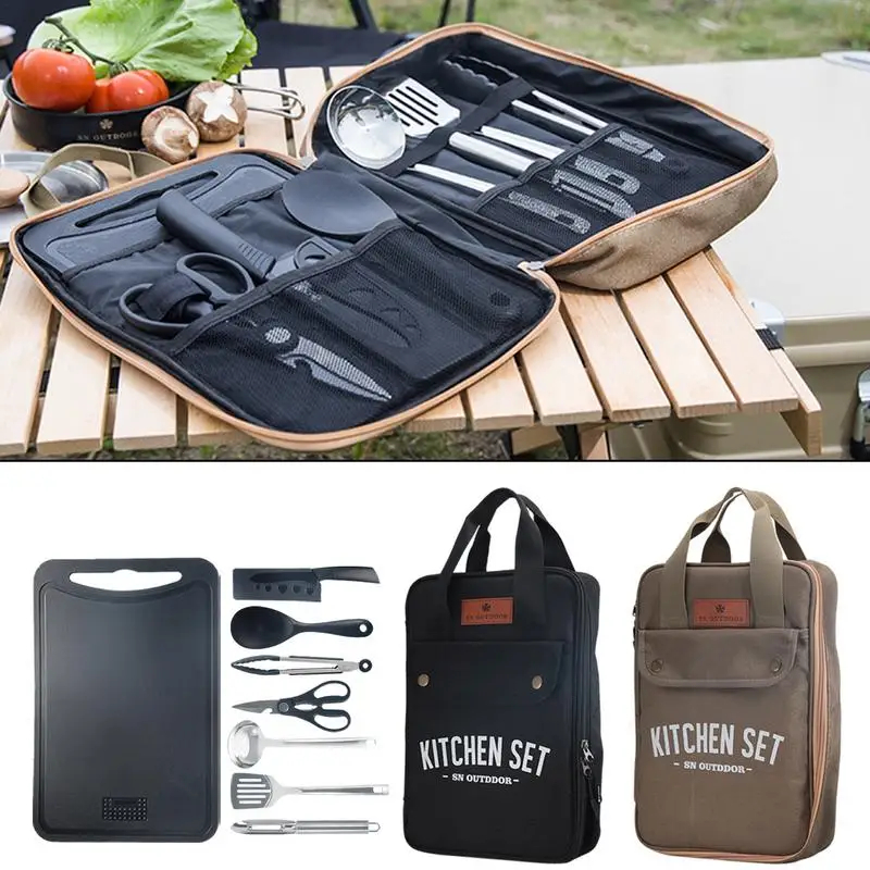 Camping Cooking And Dining Set - 8点セット キャンプキッチン調理器具セット ポータブル屋外旅行用具 ステンレス製調理・グリルセット バーベキューピクニック用