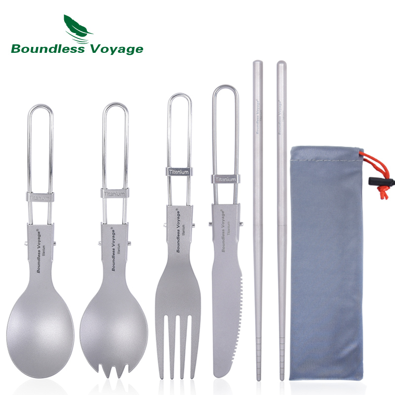 Camping Cooking Disc - Boundless Voyage チタンキャンプカトラリー折りたたみスプーンスポークフォークナイフ箸アウトドア旅行食器食器セット
