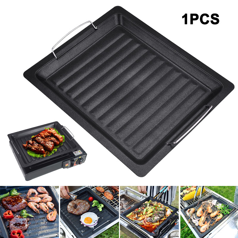 Camping Cooking Griddle - 屋外用厚い四角グリルパン 2つのハンドル付き ポータブルノンスティックグリルパン ベーキングトレイ 外出用 バーベキュー
