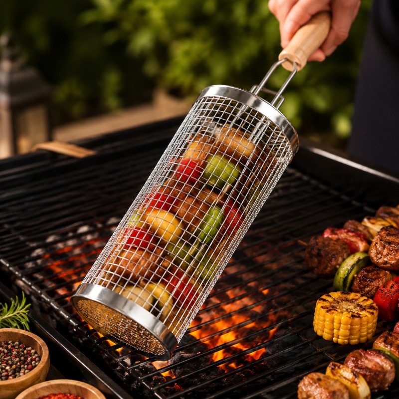 Camping Cooking Griddle - 丸型バーベキューグリルバスケットセット ステンレス製回転式スチールメッシュチューブ ハンドル付きバーベキューグリル アウトドアキャンプに欠かせないアイテム