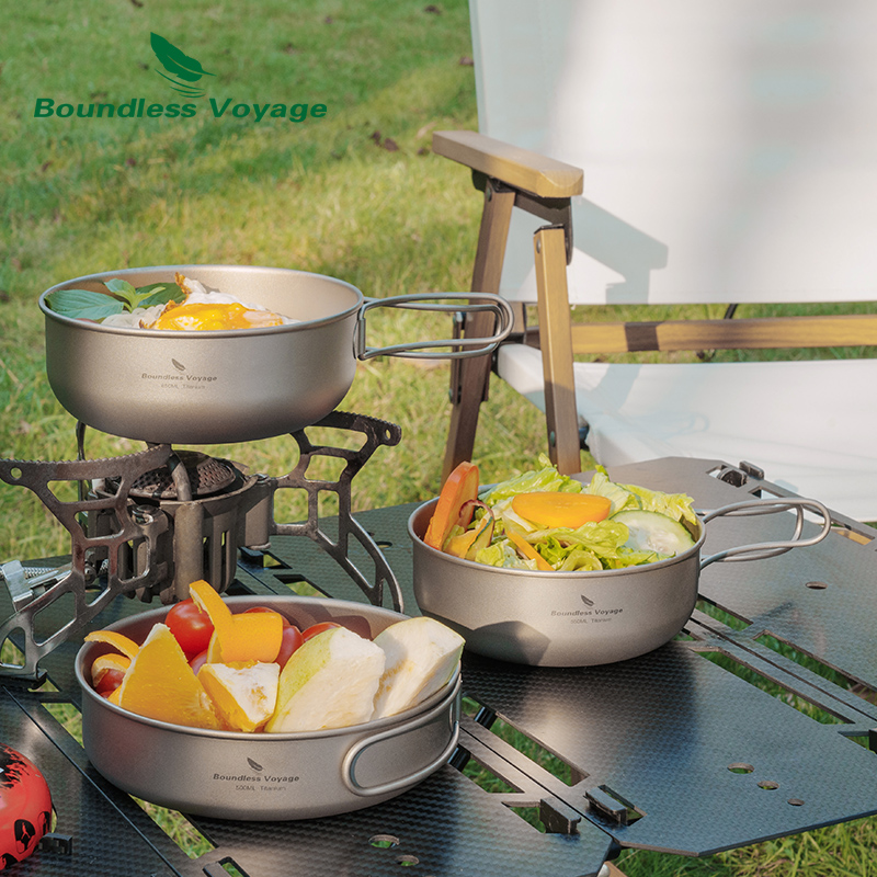 Camping Cooking Pots And Pans Set - Boundless Voyage チタン製キャンプ調理器具セット 折りたたみ式ハンドル付き鍋とフライパン アウトドアピクニック調理器具 チタン製鍋フライパンボウルキット