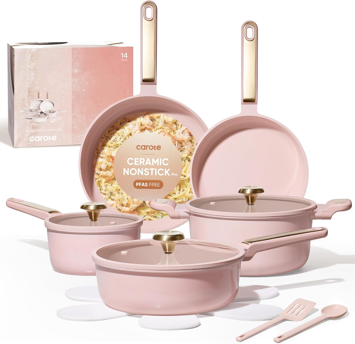 Camping Cooking Pots And Pans Set - ノンスティックセラミック調理器具セット、14点セットの鍋とフライパン、無毒＆PFASフリー、食器洗い機対応、RV/キャンプに最適、料理用ポット