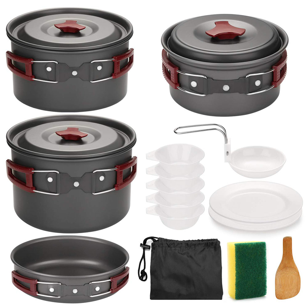 Camping Cooking Pots And Pans Set - アウトドア キャンプ調理器具キット ノンスティック キャンプパン 軽量調理セット パンとポット