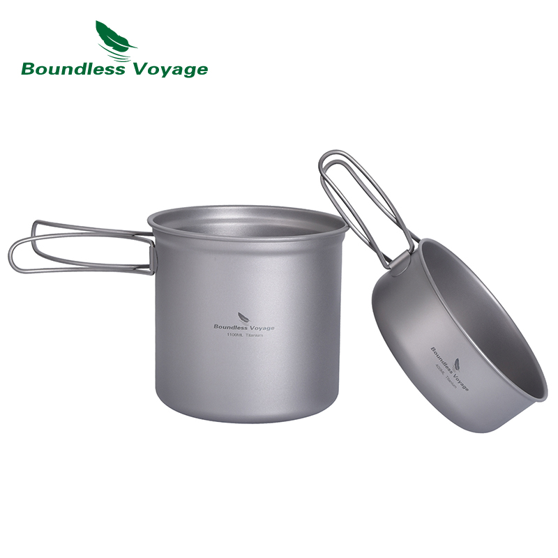 Camping Cooking Pots And Pans Set - Boundless Voyage チタン製鍋フライパンセット 折りたたみハンドル付き アウトドア キャンプ