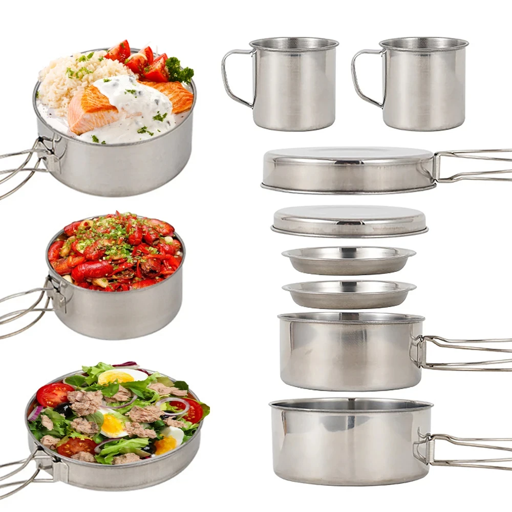 8個/セット キャンプ調理器具セット ステンレス製鍋とフライ - Camping Cooking Pots And Pans Set のレビューと価格