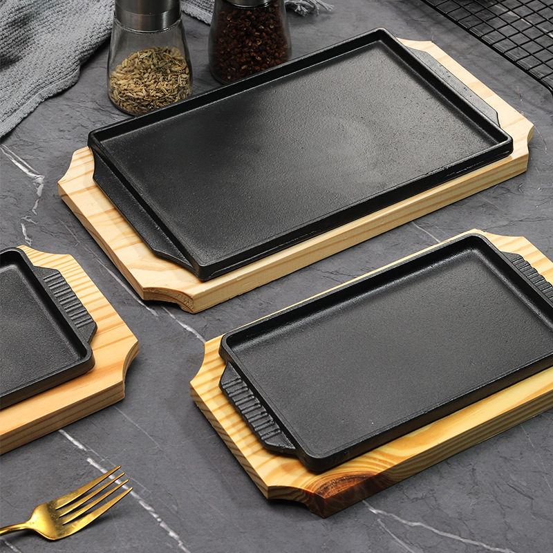 鋳鉄製鉄板焼きグリルプレート 長方形 木製ベース ステーキ  - Camping Cooking Griddle のレビューと価格