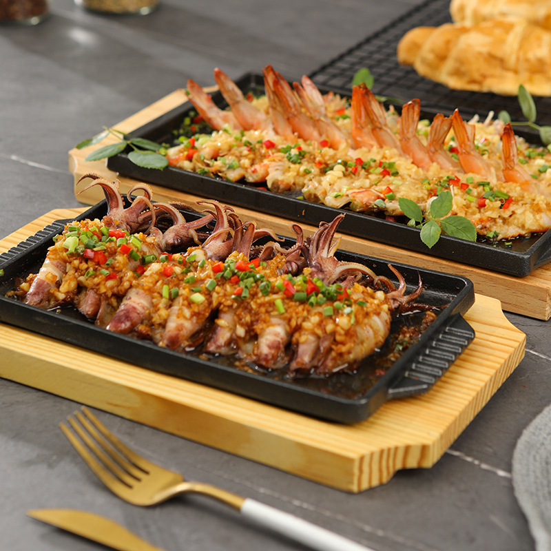 鋳鉄製鉄板焼きグリルプレート 長方形 木製ベース ステーキ  - Camping Cooking Griddle のレビューと価格