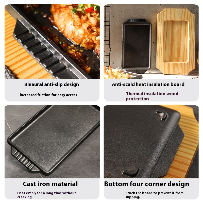 鋳鉄製鉄板焼きグリルプレート 長方形 木製ベース ステーキ  - Camping Cooking Griddle のレビューと価格