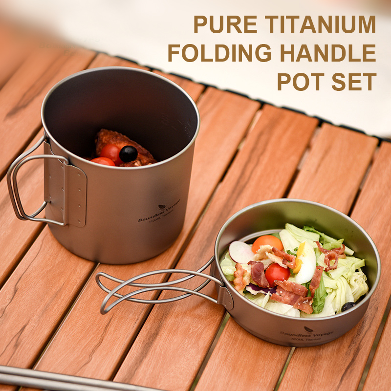 純チタン折りたたみハンドルポットセット、超軽量ポータブル、ア - Camping Cooking Pots And Pans Set のレビューと価格