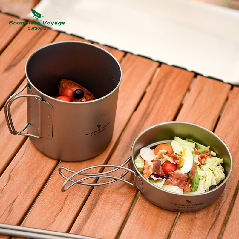 純チタン折りたたみハンドルポットセット、超軽量ポータブル、ア - Camping Cooking Pots And Pans Set のレビューと価格