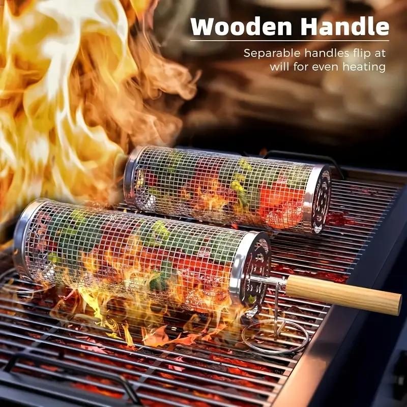 ステンレス製BBQグリルバスケット、丸型回転シリンダーケージ - Camping Cooking Griddle のレビューと価格