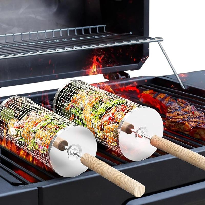ステンレス製BBQグリルバスケット、丸型回転シリンダーケージ - Camping Cooking Griddle のレビューと価格