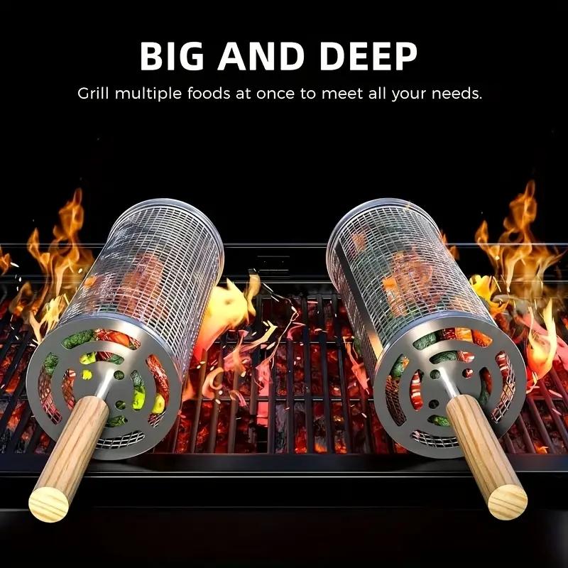 ステンレス製BBQグリルバスケット、丸型回転シリンダーケージ - Camping Cooking Griddle のレビューと価格