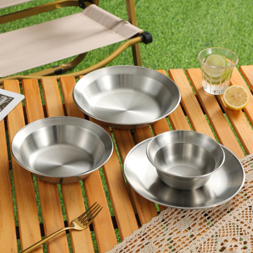 ステンレス製カトラリーセット、プレートとボウルのキャンプセッ - Camping Cooking Disc のレビューと価格